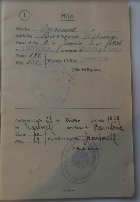 Llibre de Familia Manuel Barreno Eixerch